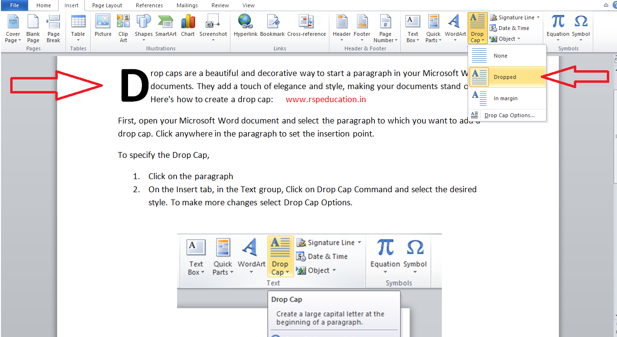 Access the Drop Cap Option Access the Drop Cap Option